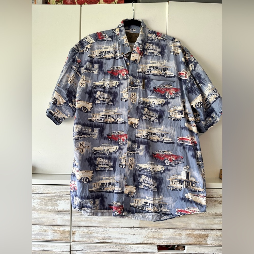 🚗 North River Retro Classic Car Print Button Down Shirt Mens L